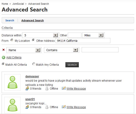 Proximity Advanced Search in JomSocial